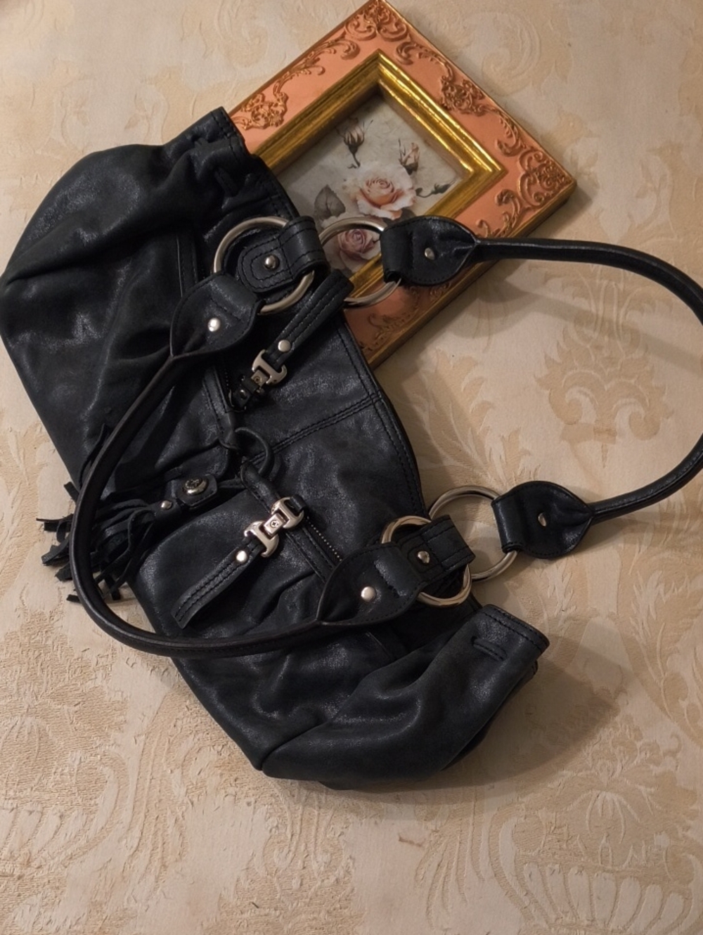 b. makowsky Black Leather Shoulder Bag with Silver Rings